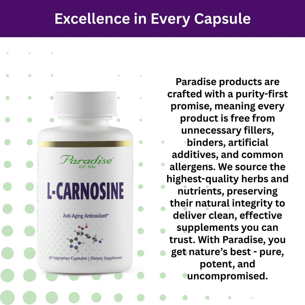 Glossy Paradise Herbs L-Carnosine vial emphasizing purity and vegan ingredients.