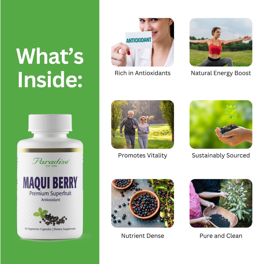 Paradise Herbs Maqui Berry Extract capsules displayed to suggest daily antioxidant support.