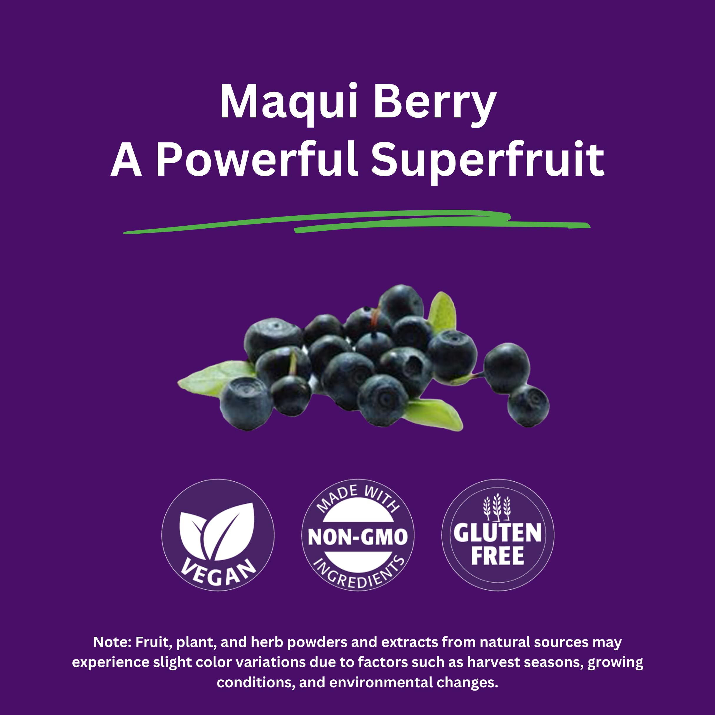 Ingredients notes graphic for Paradise Herbs Maqui Berry Extract bottle emphasizing organic, non-GMO ingredients.