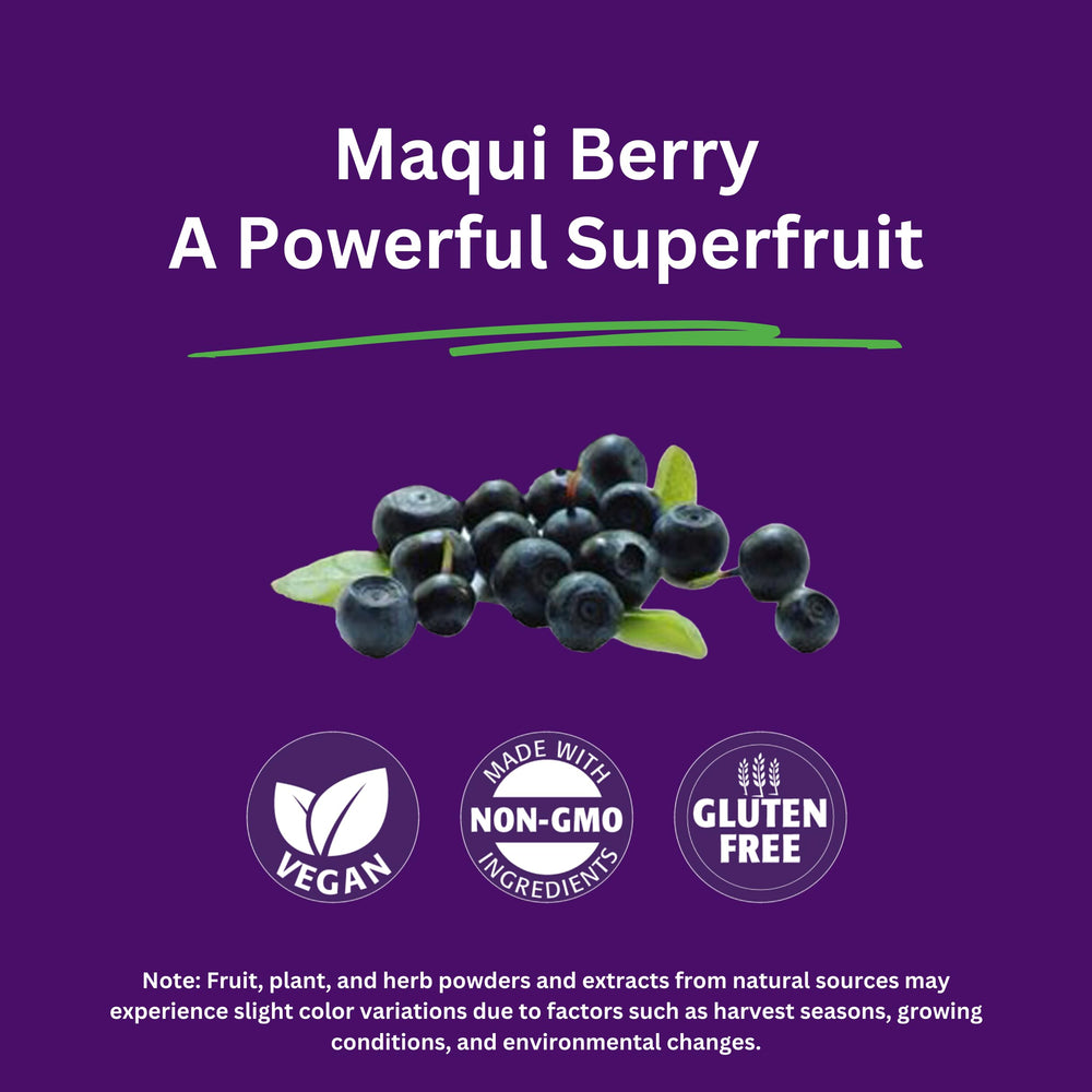 Ingredients notes graphic for Paradise Herbs Maqui Berry Extract bottle emphasizing organic, non-GMO ingredients.