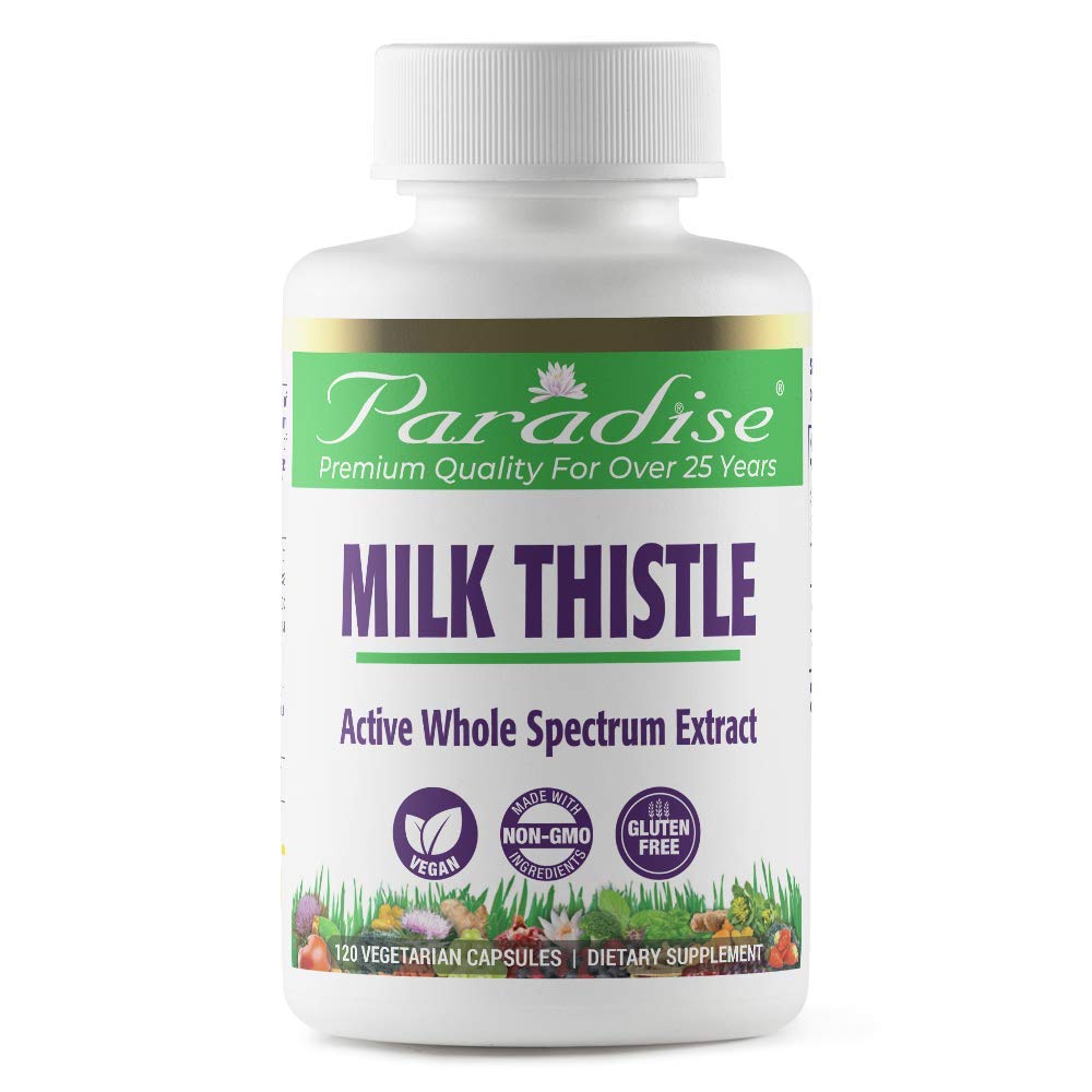 Paradise Herbs Milk Thistle bottle with active whole spectrum extract for enhanced bioavailability.