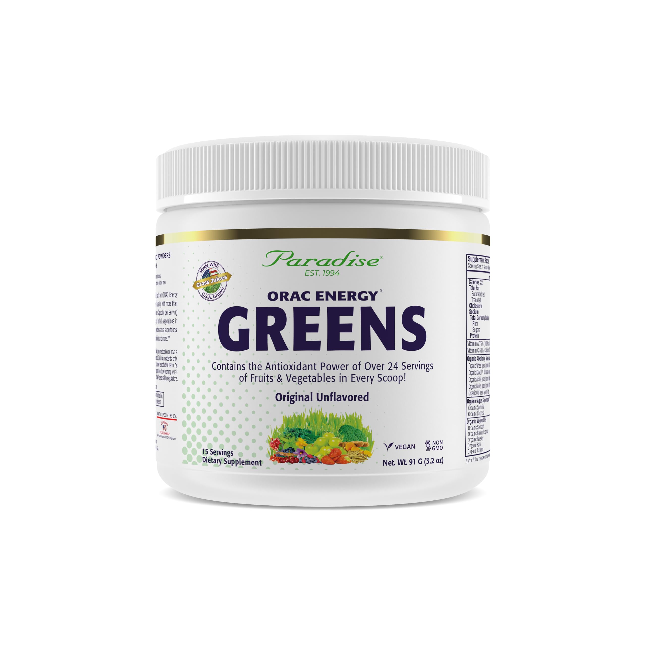 Paradise Herbs ORAC Energy Greens bottle offers antioxidant-rich daily vitality.