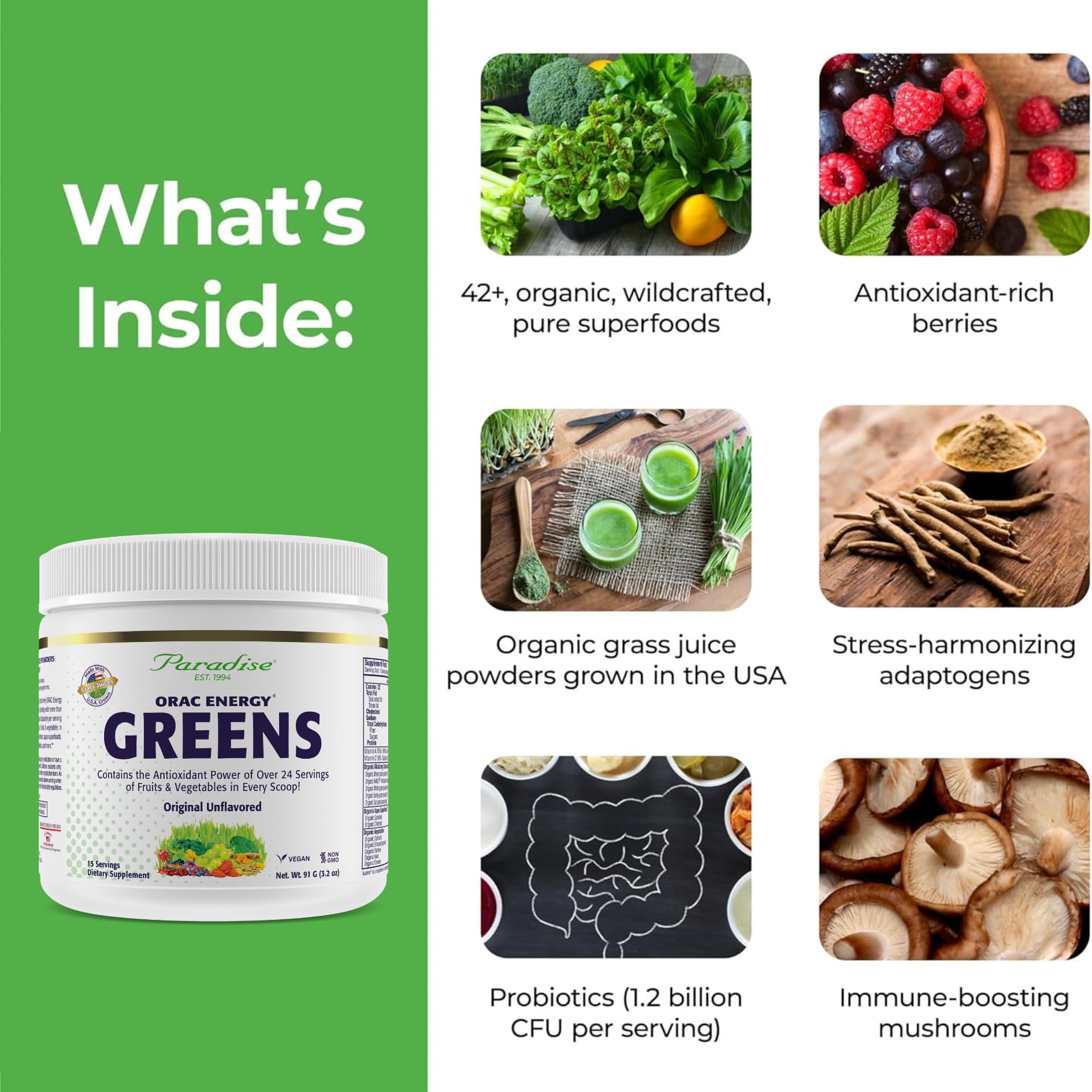 Paradise Herbs ORAC Energy Greens in water presents a refreshing, easy-to-digest drink.