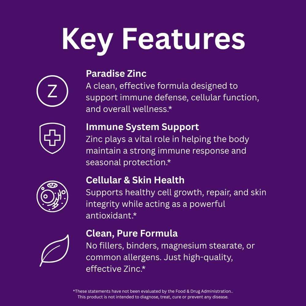 Paradise Herbs Zinc label info highlights organic ingredients and purity.