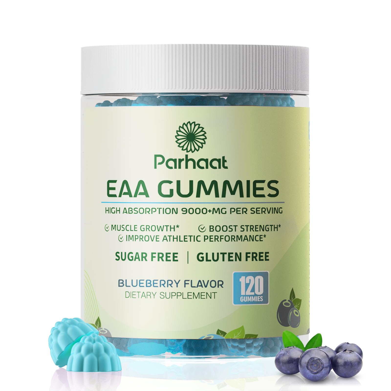 Parhaat EAA Gummies blueberry bottle showing sugar-free, gluten-free formula.