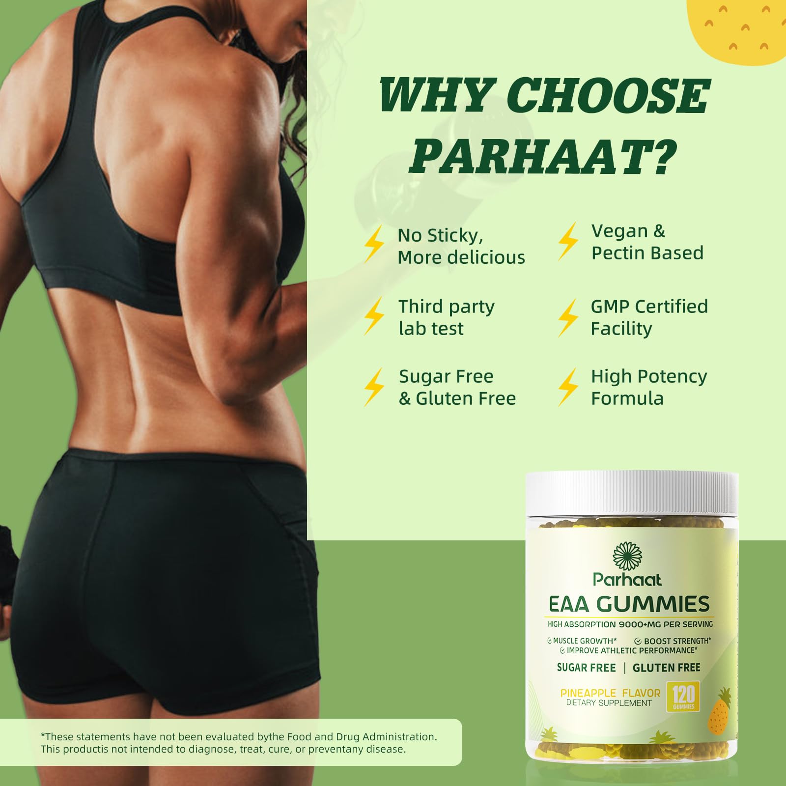 Parhaat EAA Gummies nutrition facts panel highlights non-GMO seal.