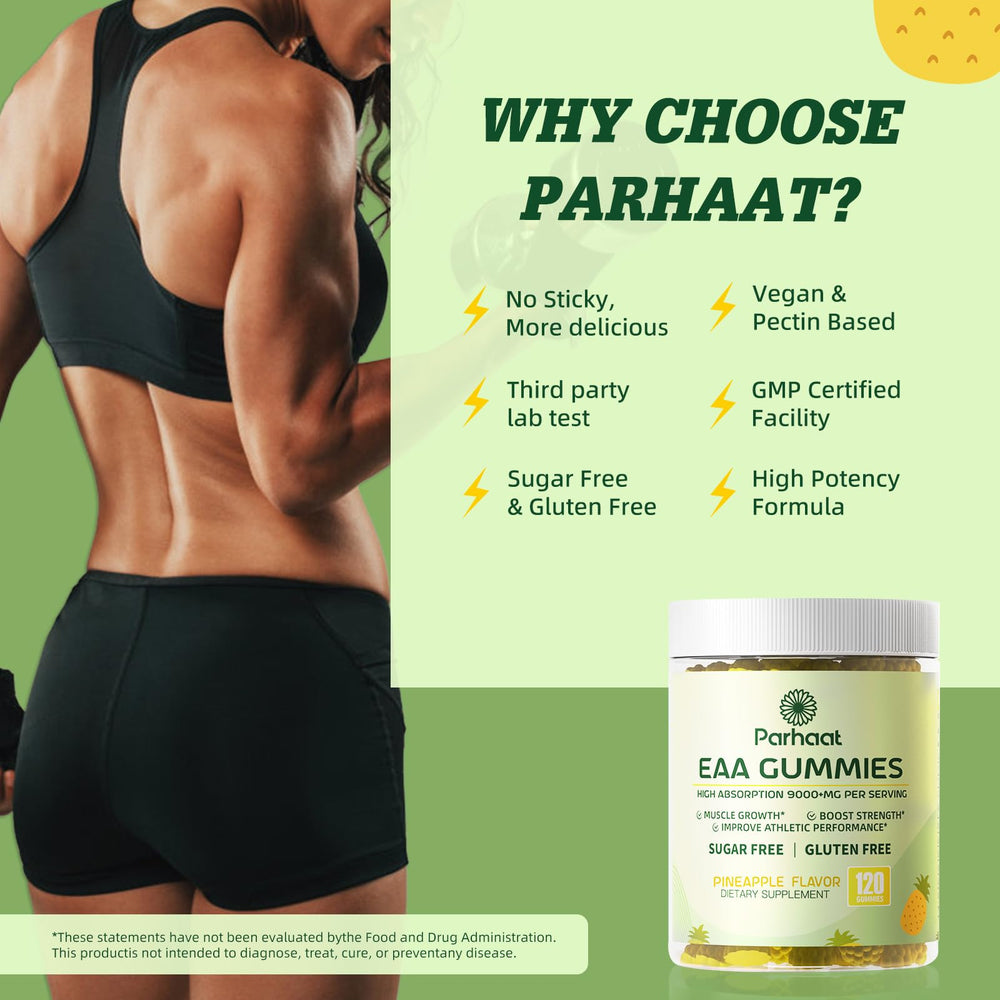 Parhaat EAA Gummies nutrition facts panel highlights non-GMO seal.