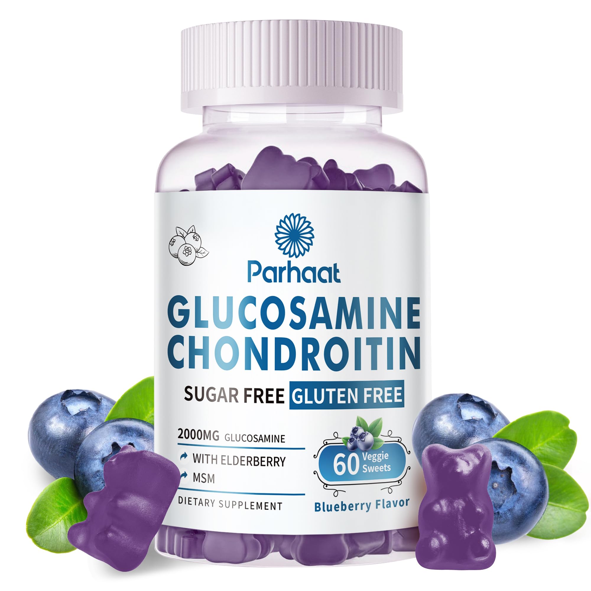 Parhaat Glucosamine Chondroitin Gummies bottle pour shows easy joint support in blueberry flavor.
