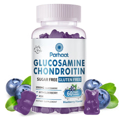 Parhaat Glucosamine Chondroitin Gummies bottle pour shows easy joint support in blueberry flavor.