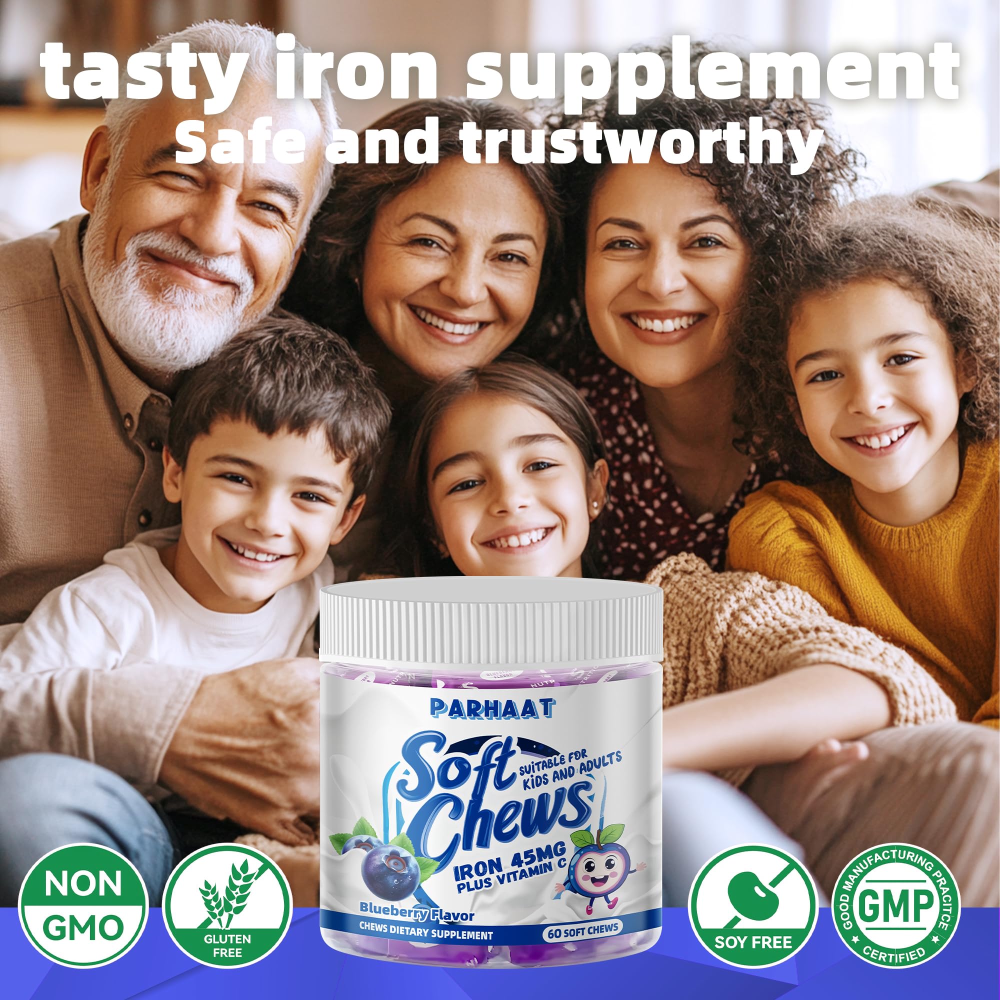 Parhaat Iron Soft Chews 60-count bottle suitable for families.