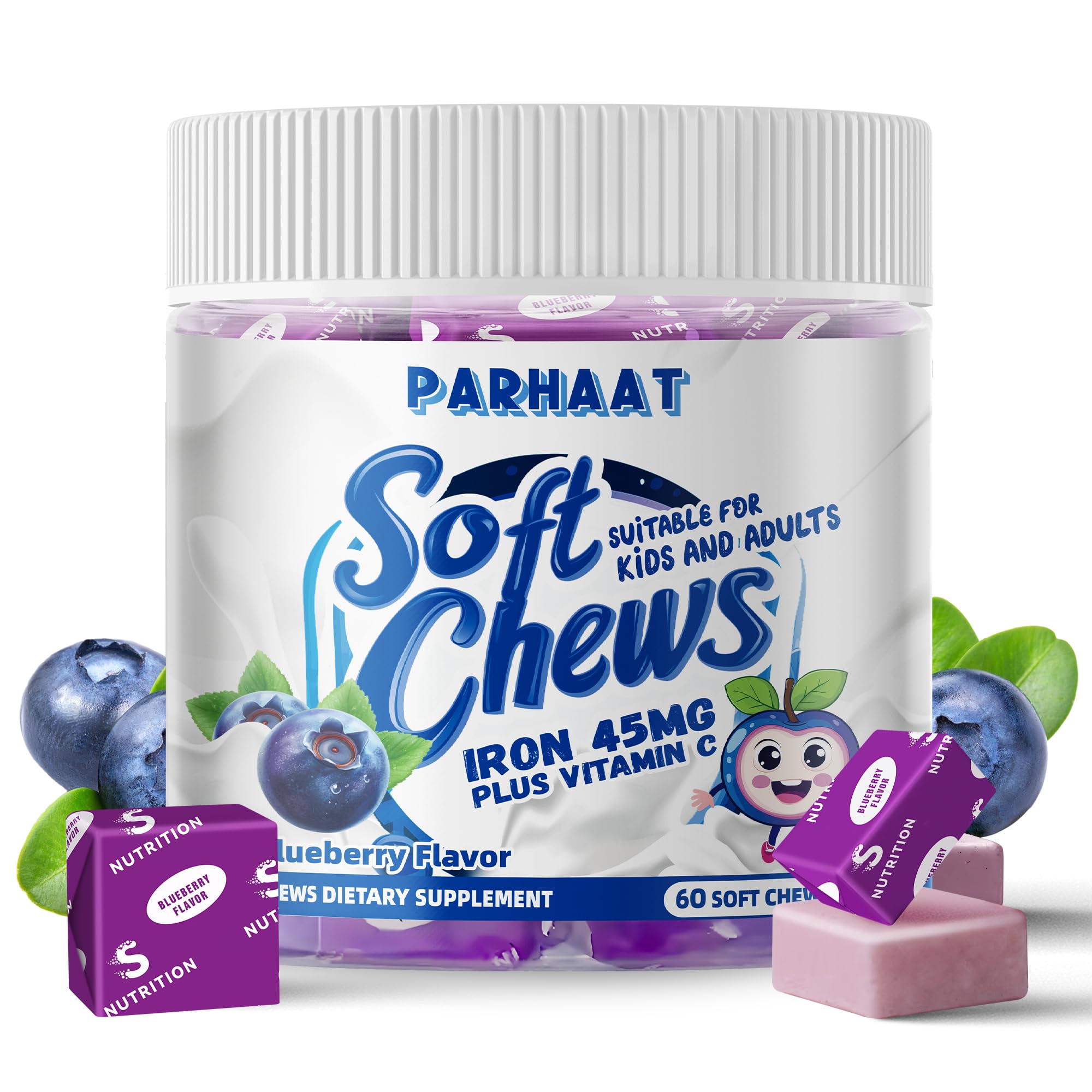 Parhaat Iron Soft Chews blueberry bottle for daily on-the-go supplementation.
