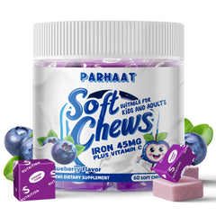 Parhaat Iron Soft Chews blueberry bottle for daily on-the-go supplementation.
