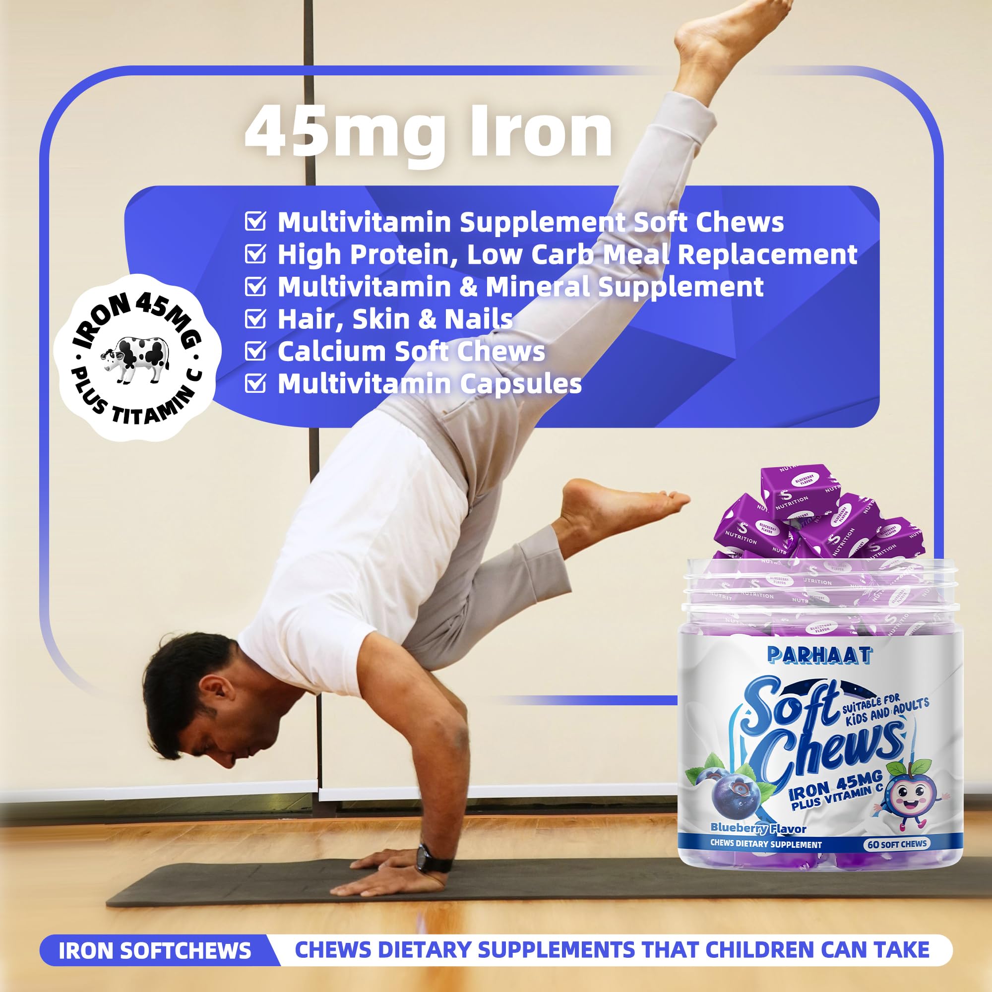 Parhaat Iron Soft Chews blueberry flavor label boosts appeal for kids.