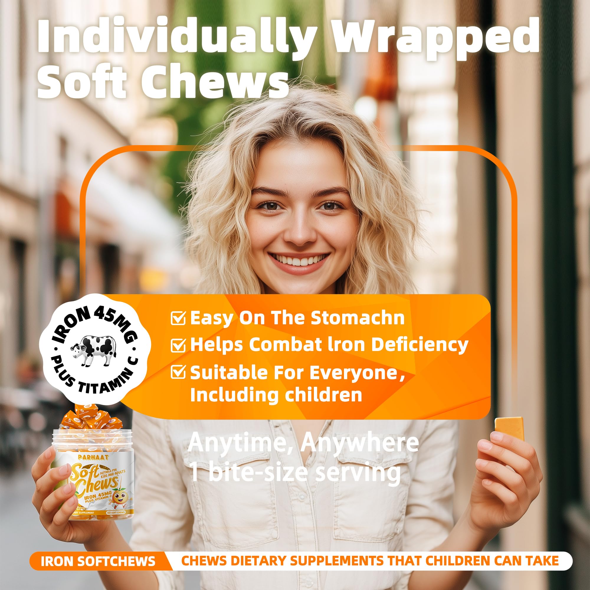 Parhaat Iron Soft Chews bottle front view with orange flavor packaging.