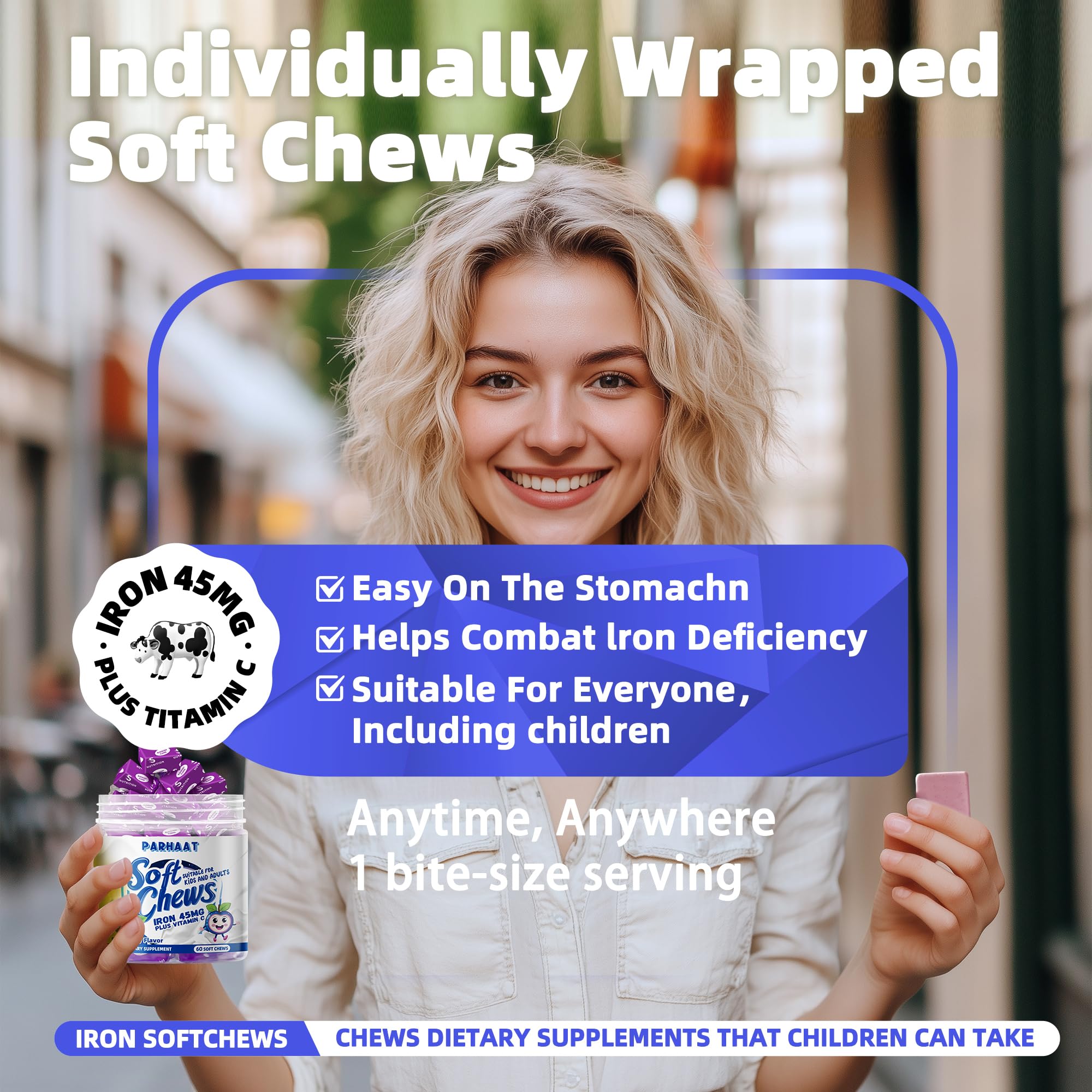 Parhaat Iron Soft Chews individually wrapped for on-the-go use.