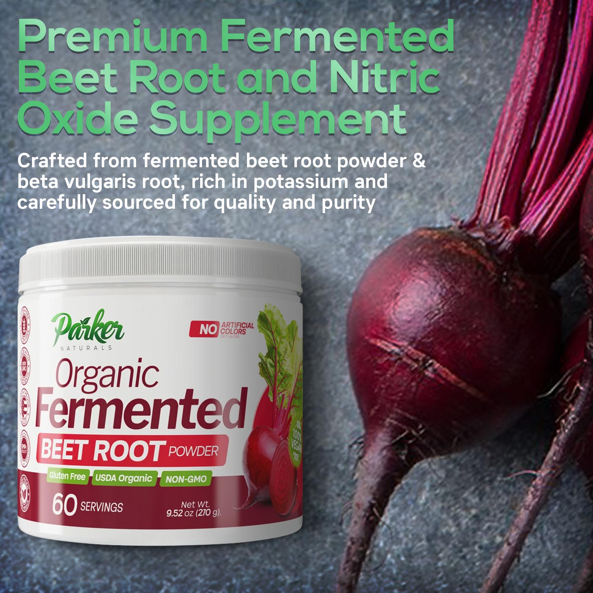 Parker Naturals Organic Beet Powder packaging communicates gluten-free and non-GMO quality.