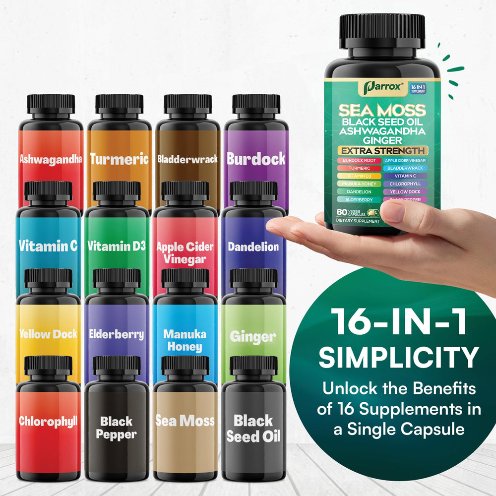 Ashwagandha and Turmeric capsules from Parrox suggest balanced daily wellness.