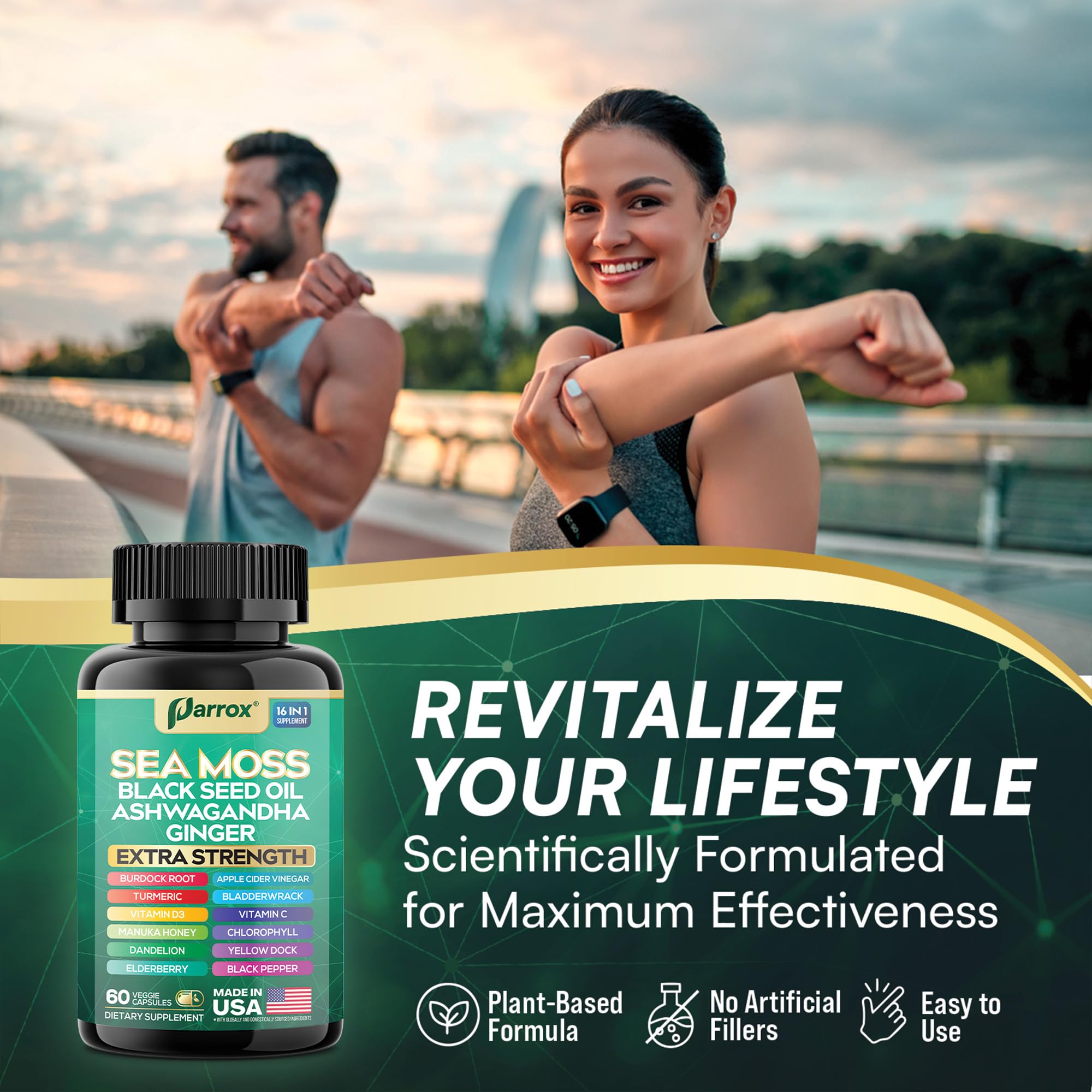 Chlorophyll and Elderberry visuals with Parrox capsules imply nutrient-rich formula.