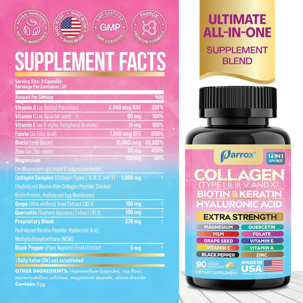 Parrox Collagen Capsules close-up, hydrolyzed peptides for easy absorption and potential beauty benefits.