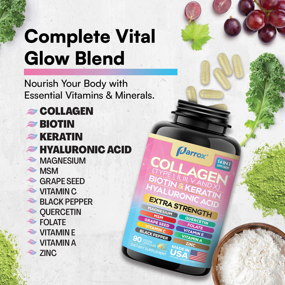 Parrox Collagen Capsules ingredients chart highlights collagen, hyaluronic acid, MSM, and antioxidants.