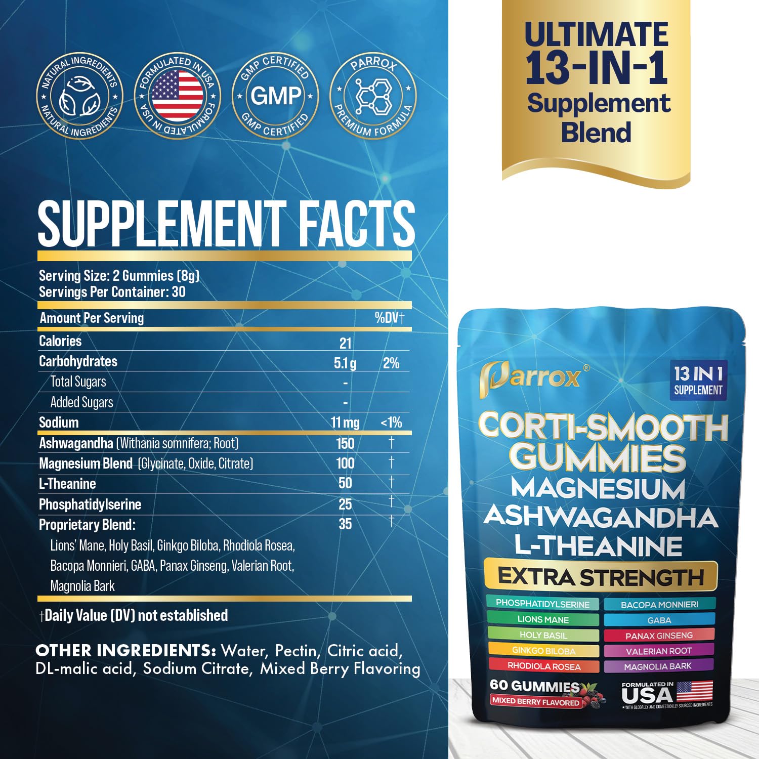 Close-up of Parrox Corti-Smooth gummies highlighting mixed berry flavor.