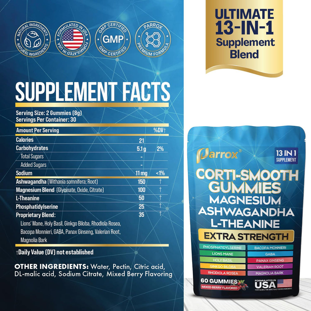 Close-up of Parrox Corti-Smooth gummies highlighting mixed berry flavor.