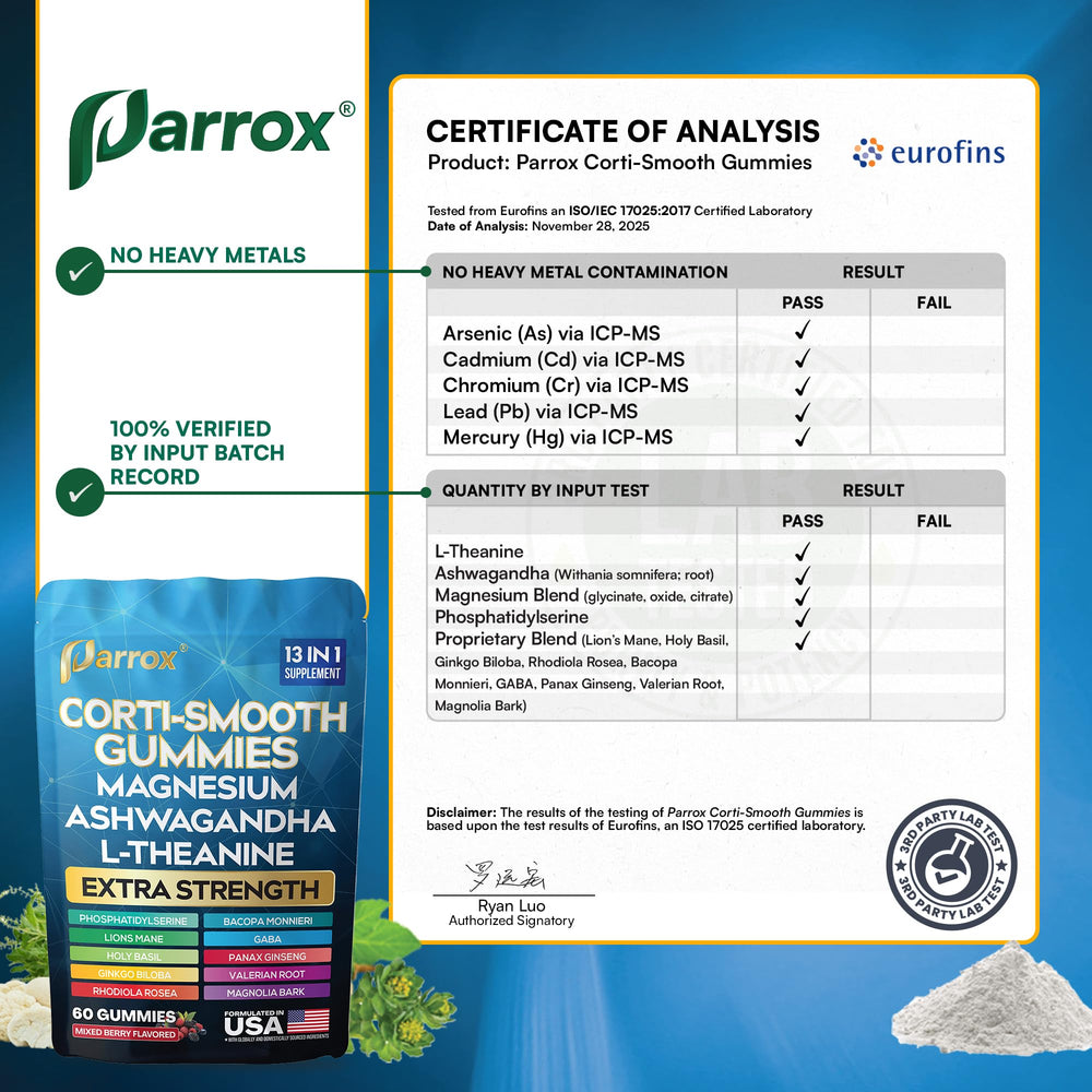 Parrox Corti-Smooth gummies served beside tea for relaxation routine.