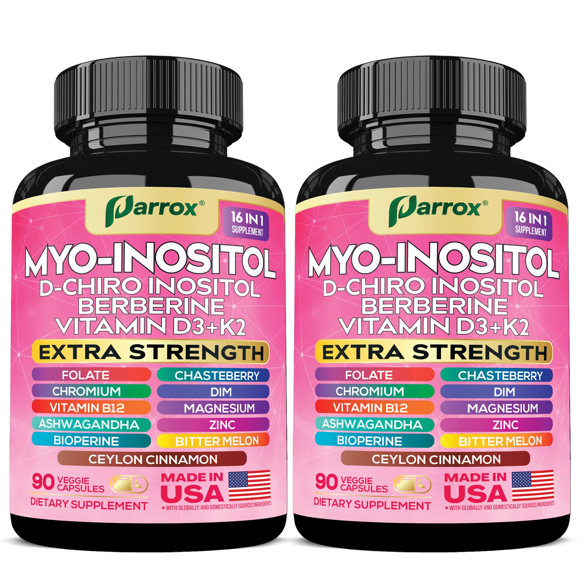 Parrox Myo-Inositol 16-in-1 bottle with capsules for daily balance.