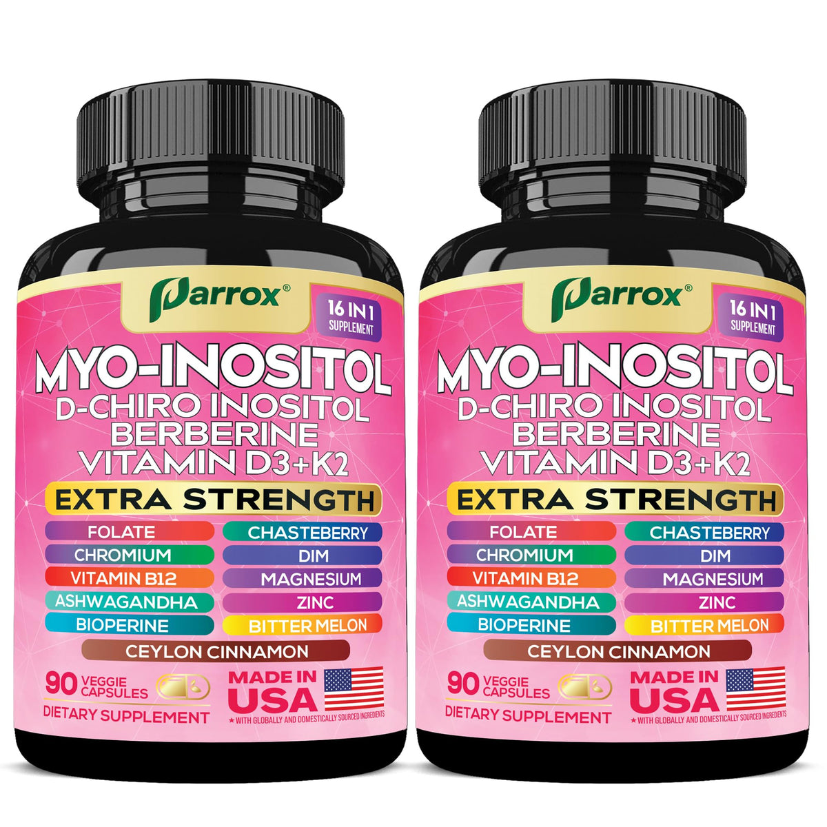 Parrox Myo-Inositol 16-in-1 bottle with capsules for daily balance.