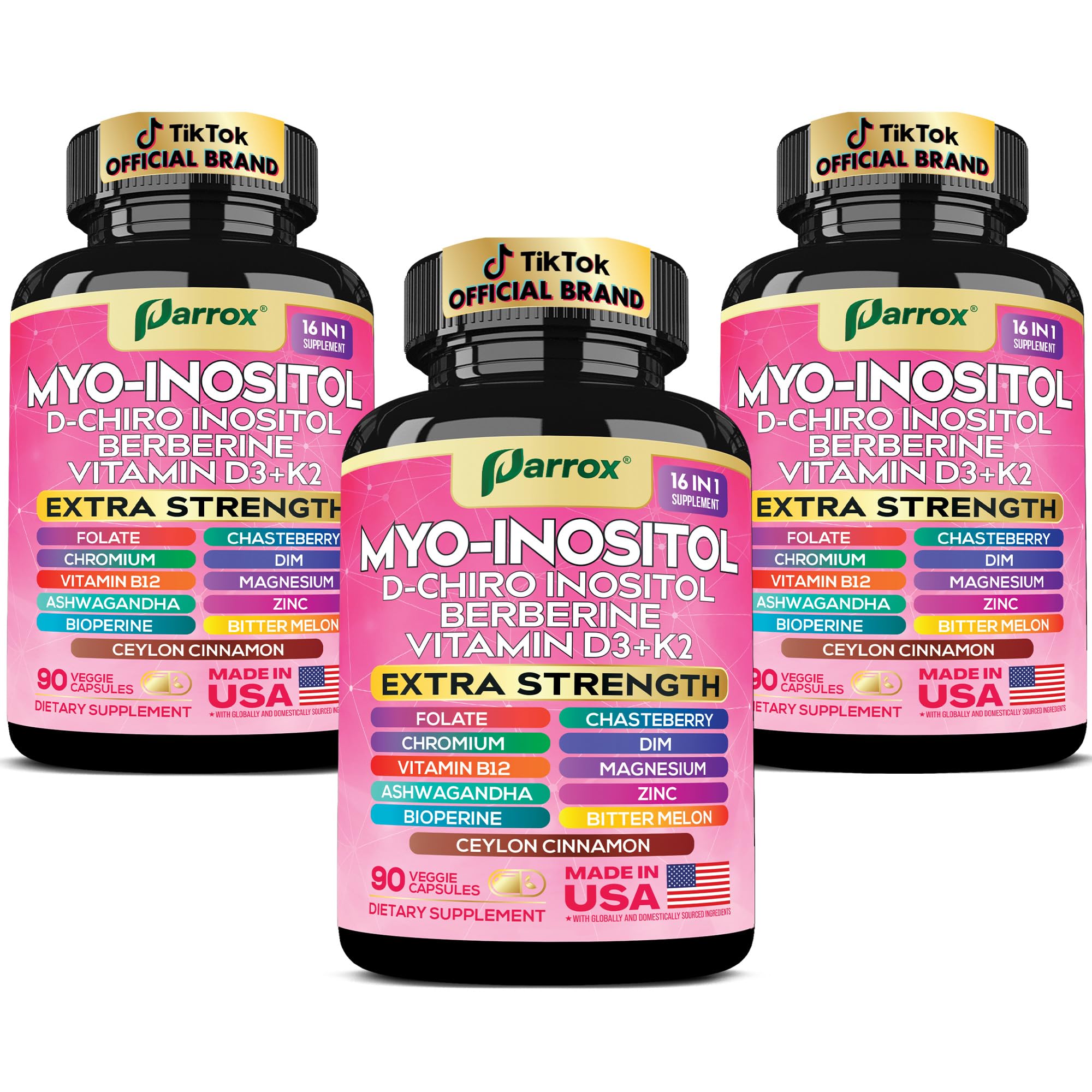 Parrox Myo-Inositol 16-in-1 bottle displaying ingredients for balanced energy