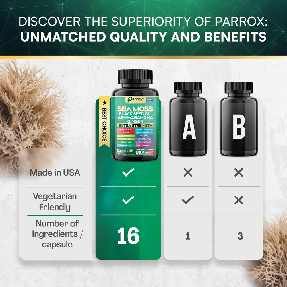 Parrox Sea Moss and Black Seed Oil blend communicates holistic plant-based support.