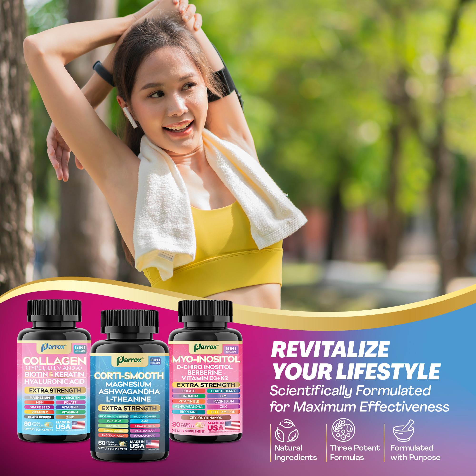 Parrox She Shines Set with ashwagandha, L-theanine, and Lions Mane.