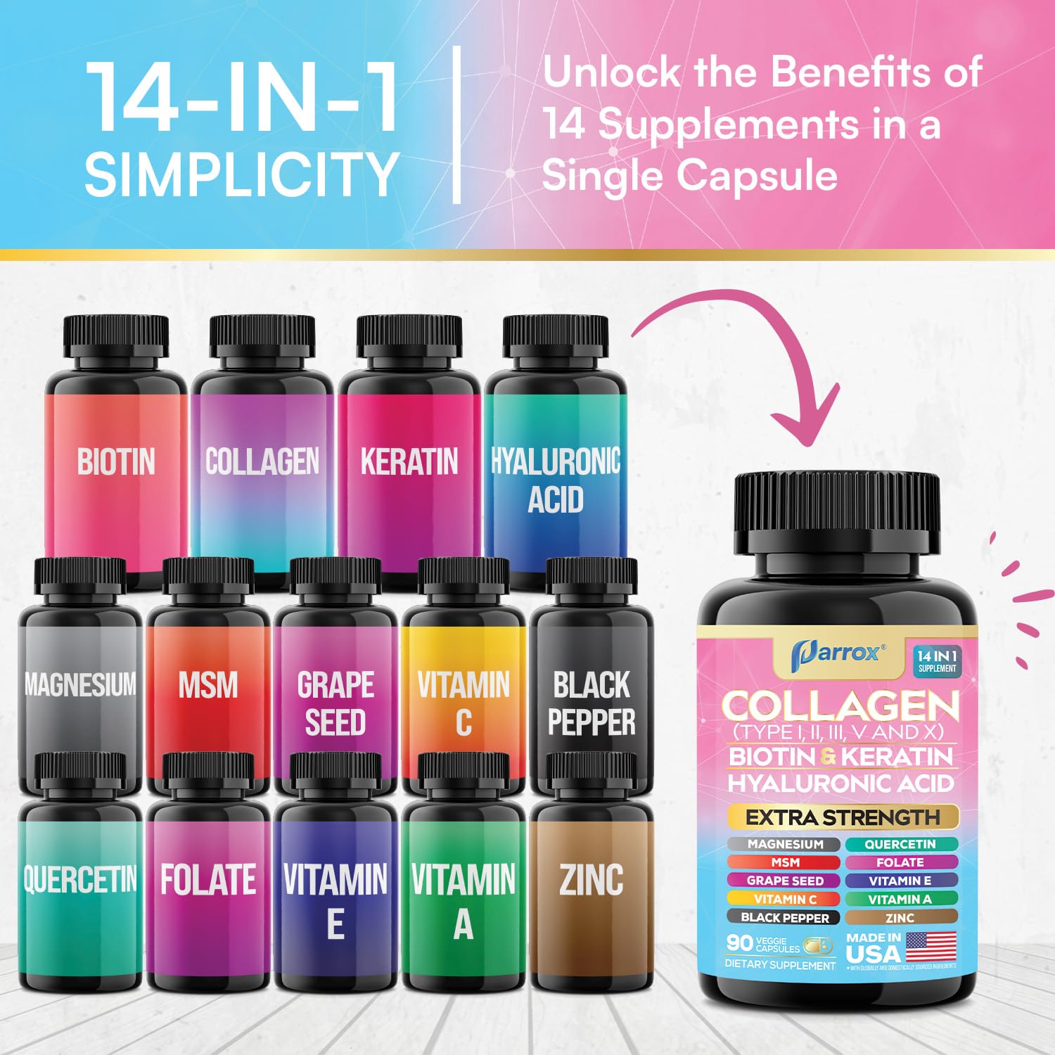 Parrox vitamins A C E zinc magnesium capsules for daily wellness.