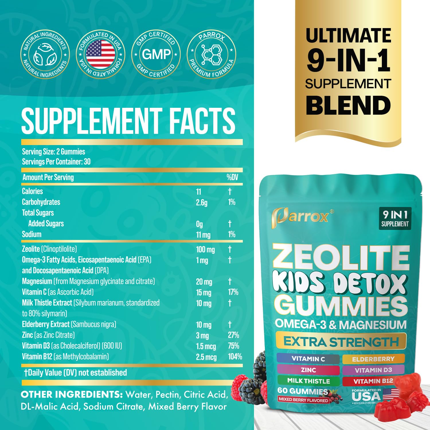 Parrox Zeolite Kids Gummies close-up berries flavor appealing to kids.