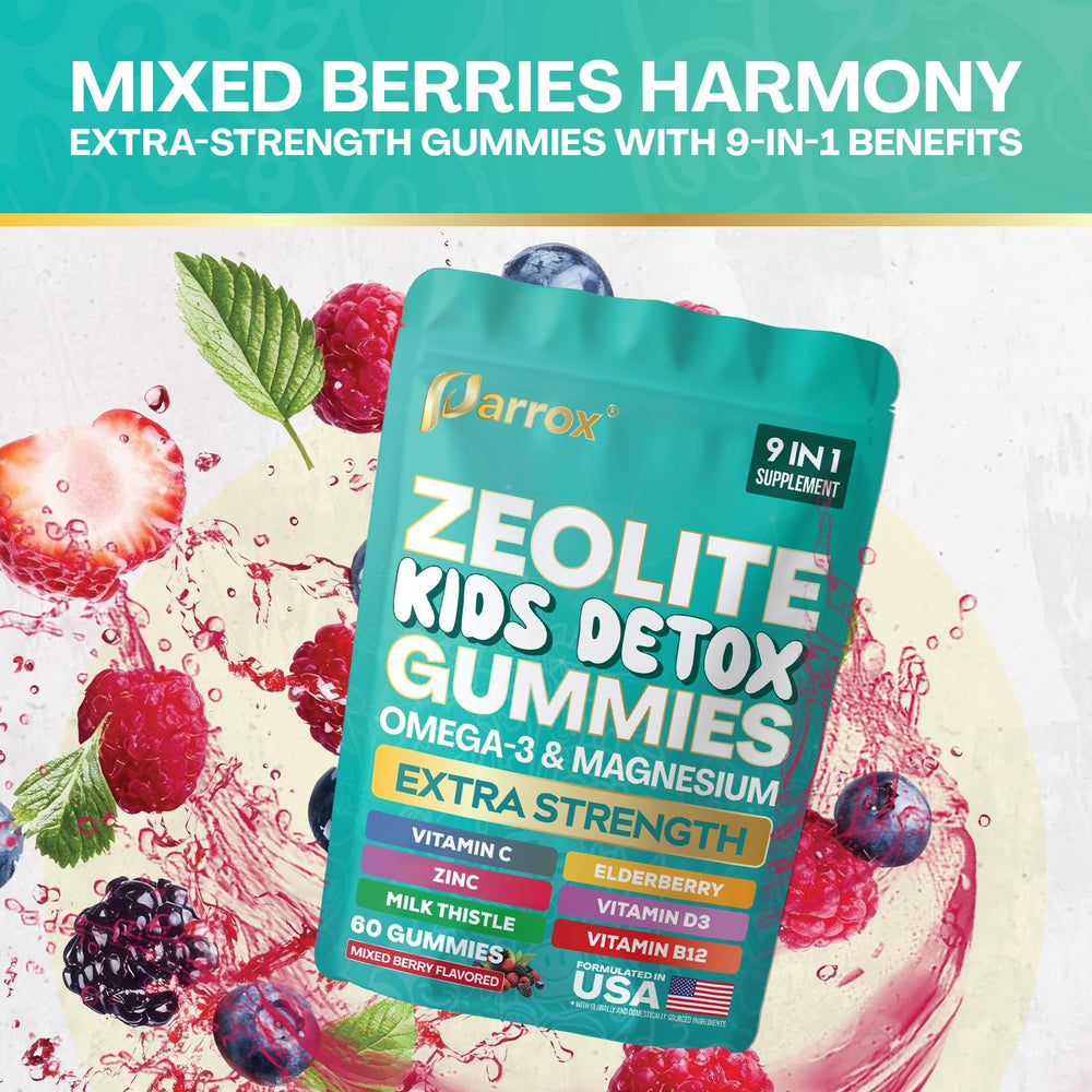 Parrox Zeolite Kids Gummies nutrition label notes non-GMO and no artificial colors.