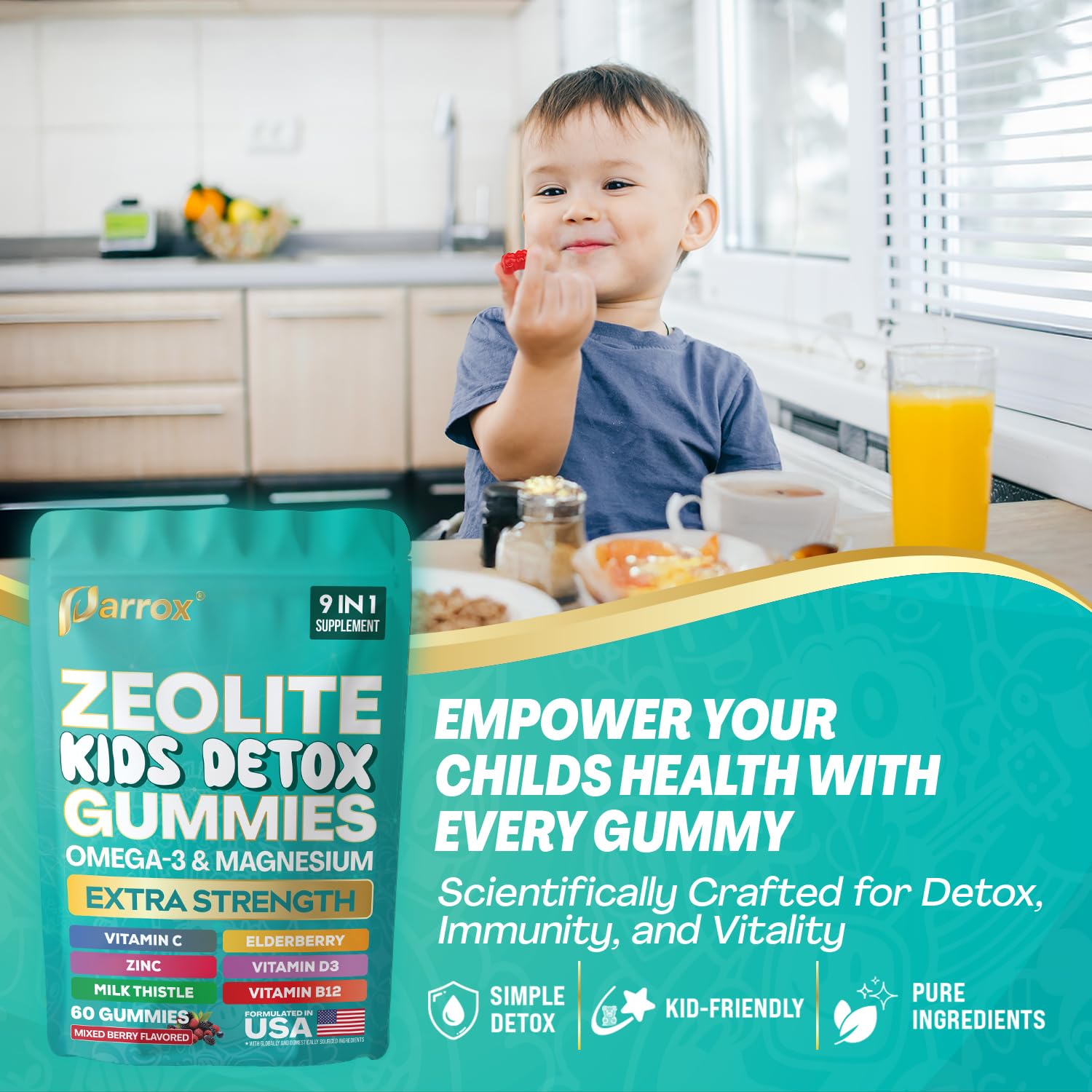 Parrox Zeolite Kids Gummies on-the-go packaging for busy families.