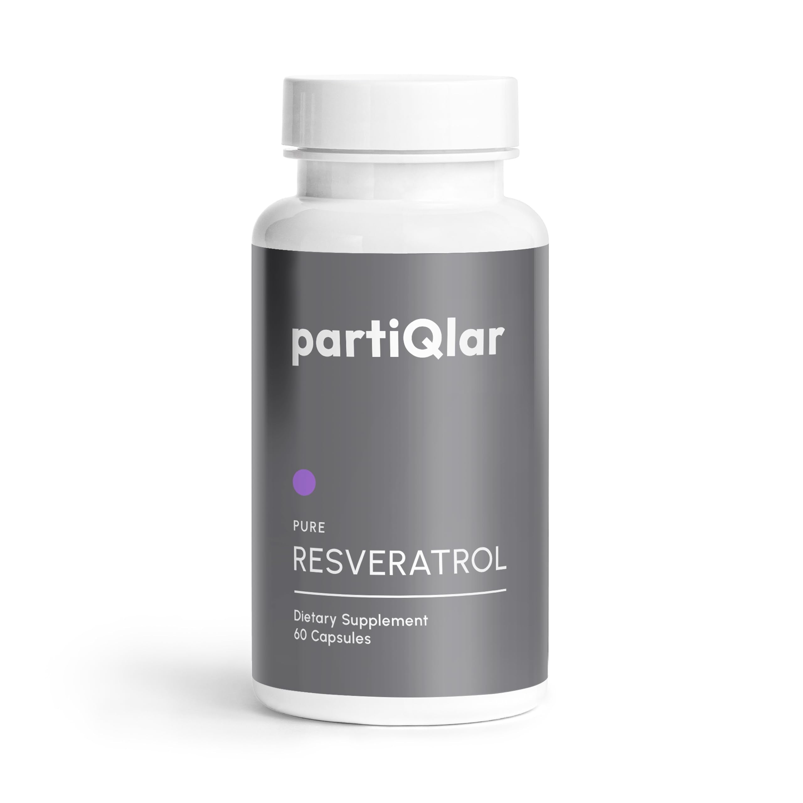 PartiQlar high-purity trans-resveratrol bottle front highlights premium potency