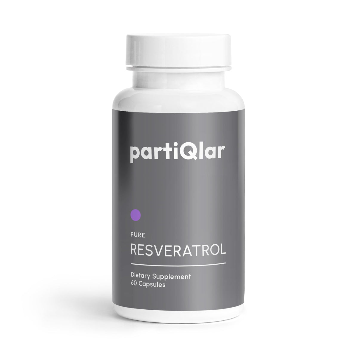 PartiQlar high-purity trans-resveratrol bottle front highlights premium potency