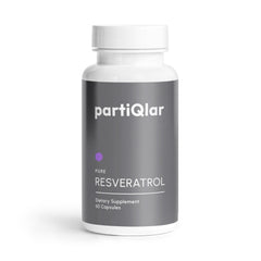 PartiQlar high-purity trans-resveratrol bottle front highlights premium potency