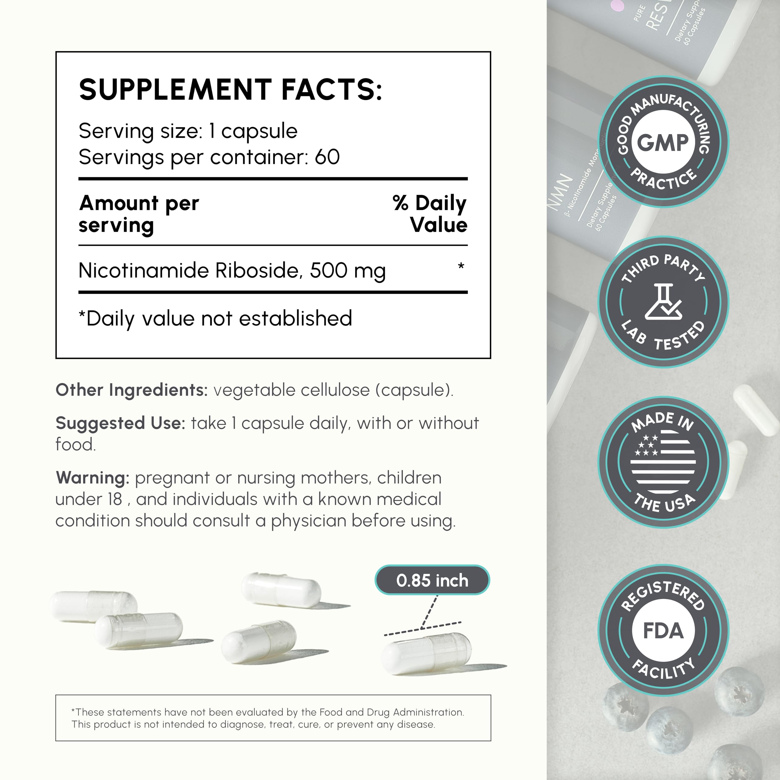 partiqlar nicotinamide riboside 500mg bottle with glass on table promoting daily vitality