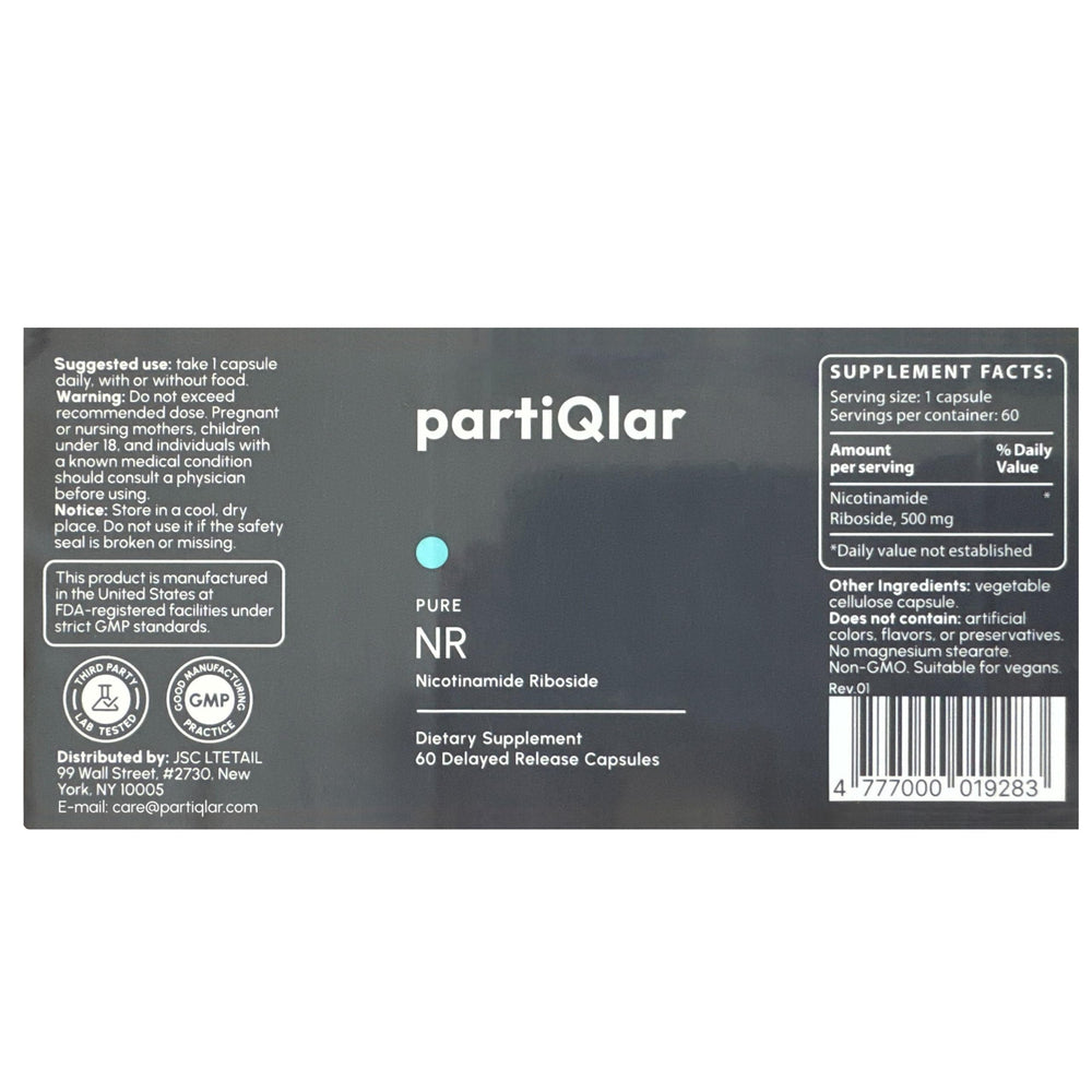 partiqlar nicotinamide riboside 500mg capsules close-up highlighting potency