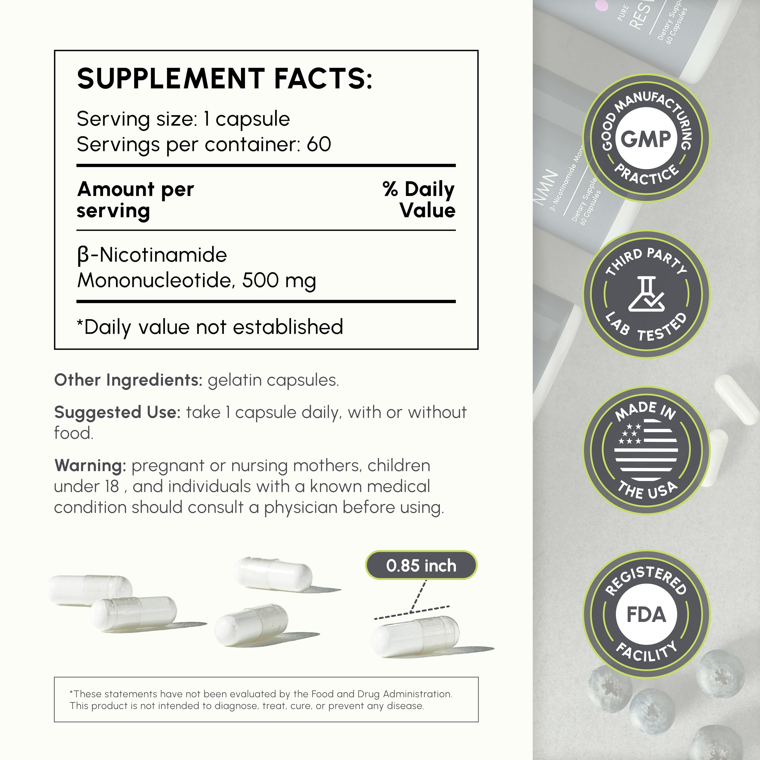 Close-up of PartiQlar NMN capsules showing uniform size for daily use.