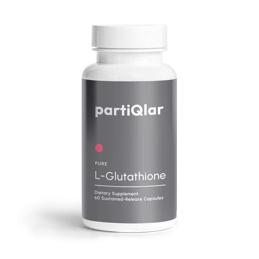 PartiQlar Pure L-Glutathione bottle showing 500mg formula for antioxidant support.