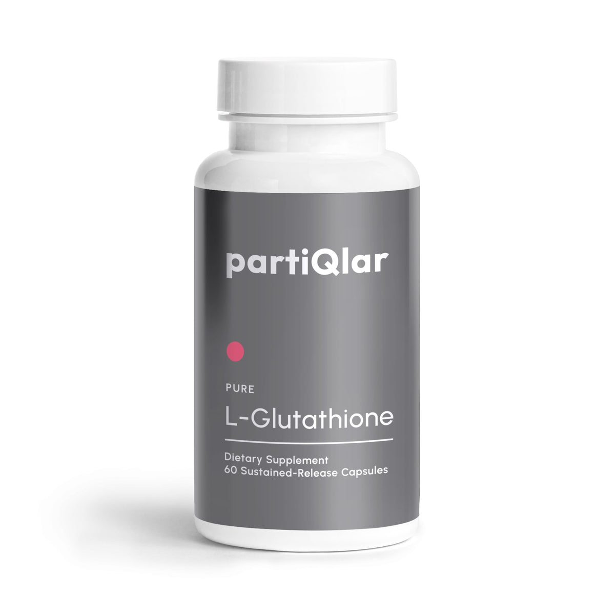 PartiQlar Pure L-Glutathione bottle showing 500mg formula for antioxidant support.