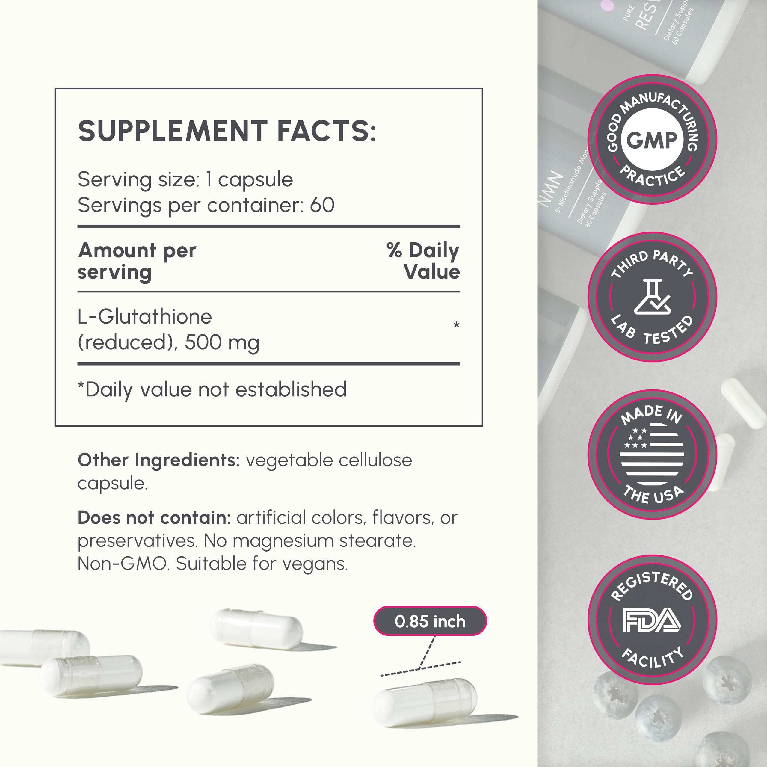 PartiQlar Pure L-Glutathione label closeup highlighting reduced glutathione form.