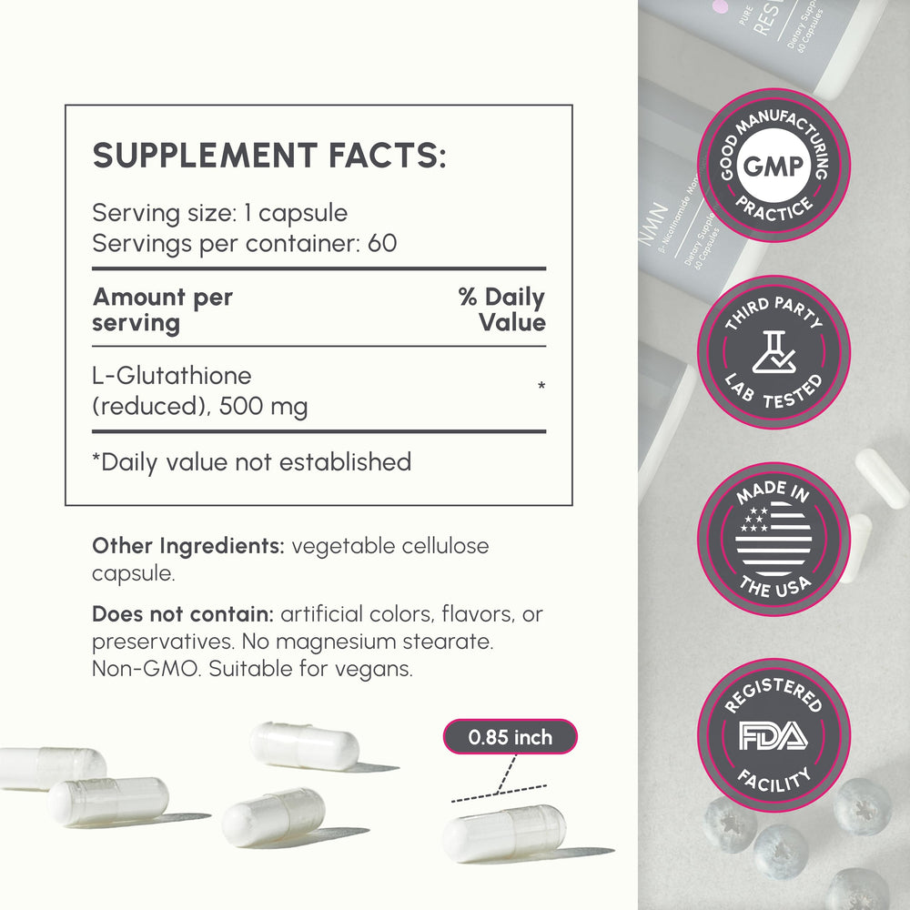 PartiQlar Pure L-Glutathione label closeup highlighting reduced glutathione form.