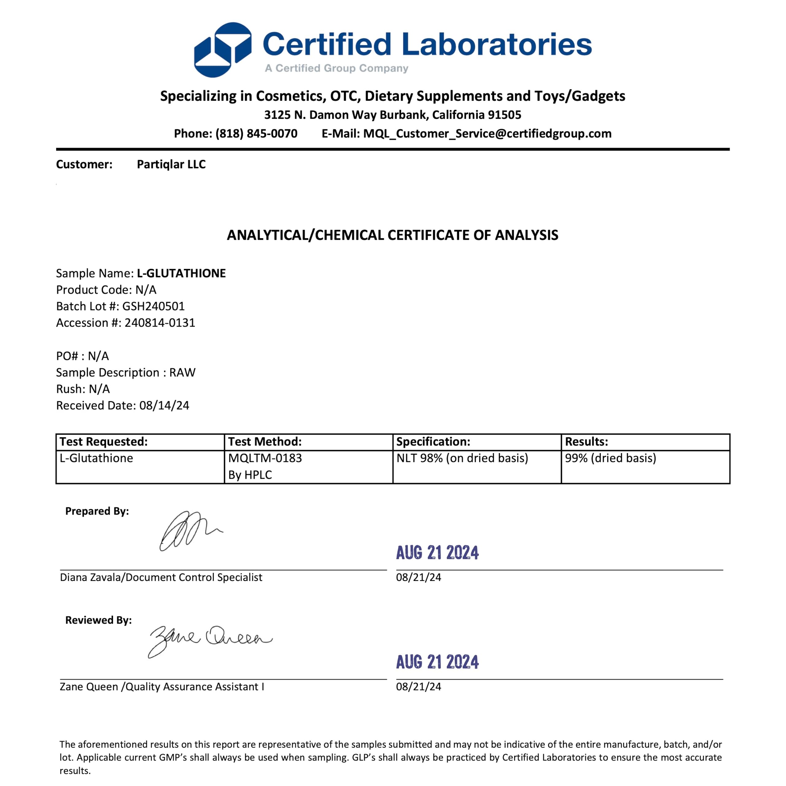 PartiQlar Pure L-Glutathione supplement facts panel indicating sustained release.