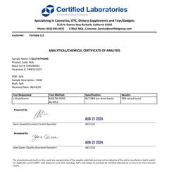 PartiQlar Pure L-Glutathione supplement facts panel indicating sustained release.