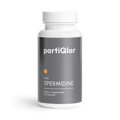 partiQlar Spermidine bottle front view highlighting 99% purity for cellular support