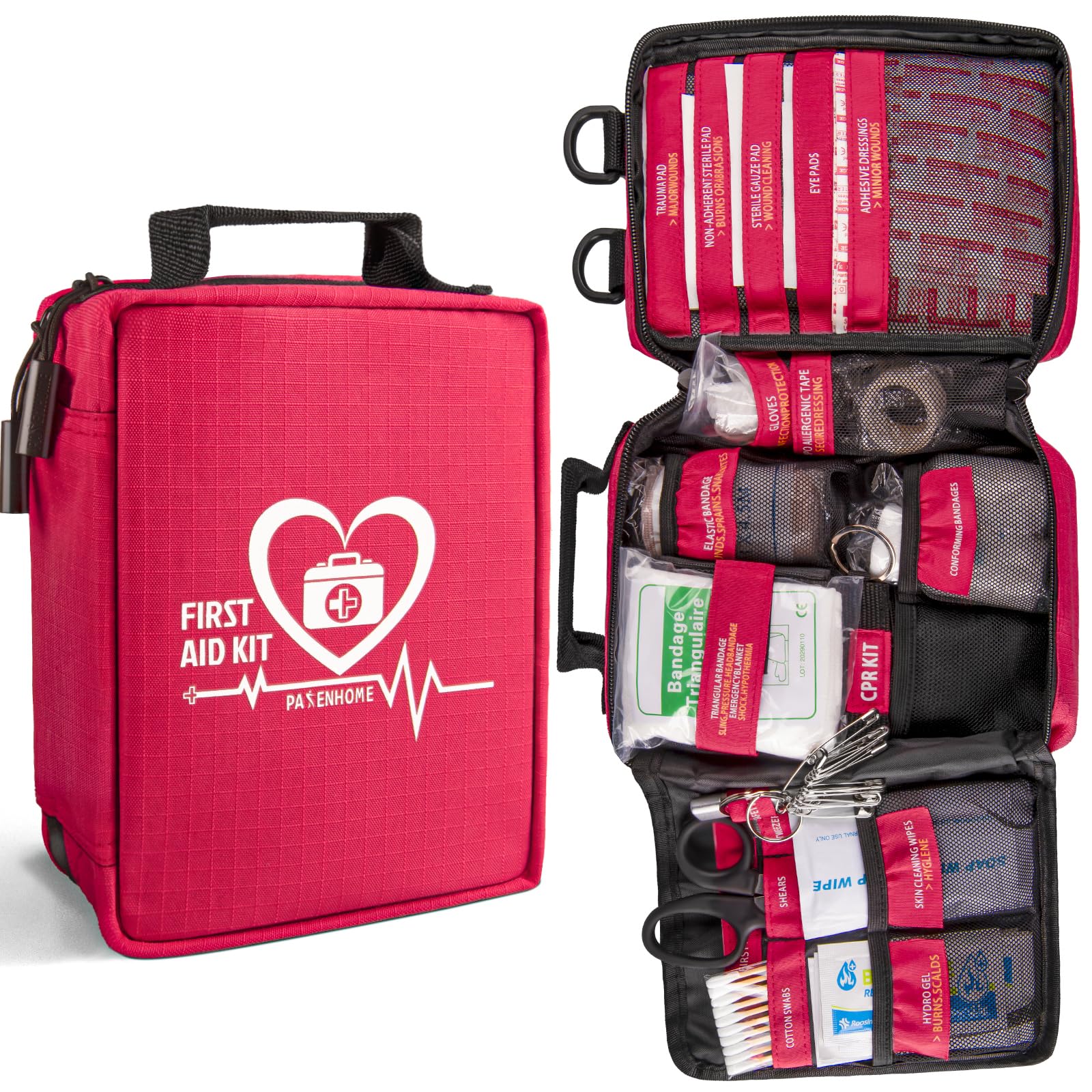 Pasenhome first aid kit with labelled compartments for quick access during emergencies.